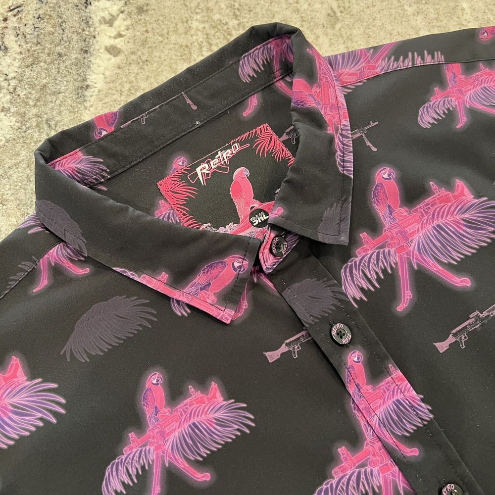 RETRO RIFLE Saws &‎ Macaws Mens Shirt 3XL Neon Pink Birds Black Guns Button Down